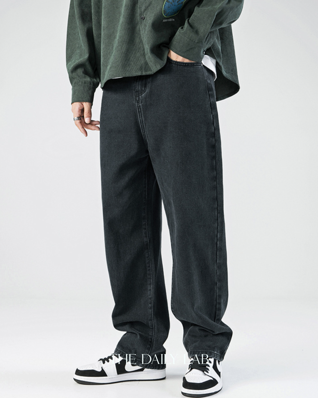 Washed Denim Wide Straight Jeans in Black