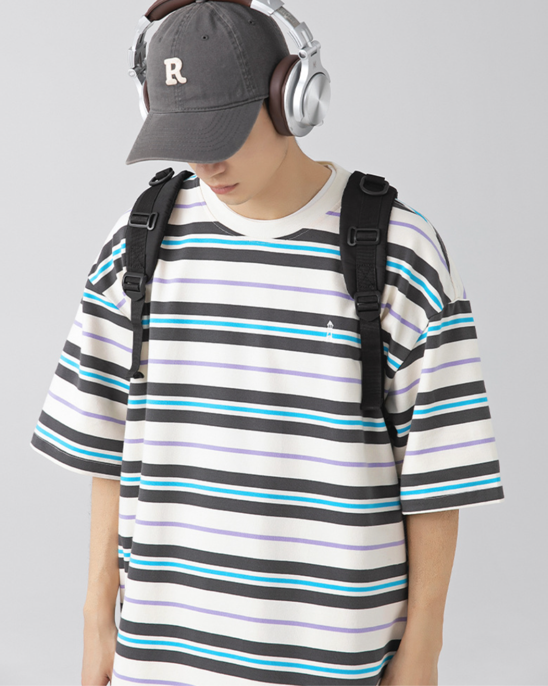 Retro Oversized Striped Line Tee in Blue