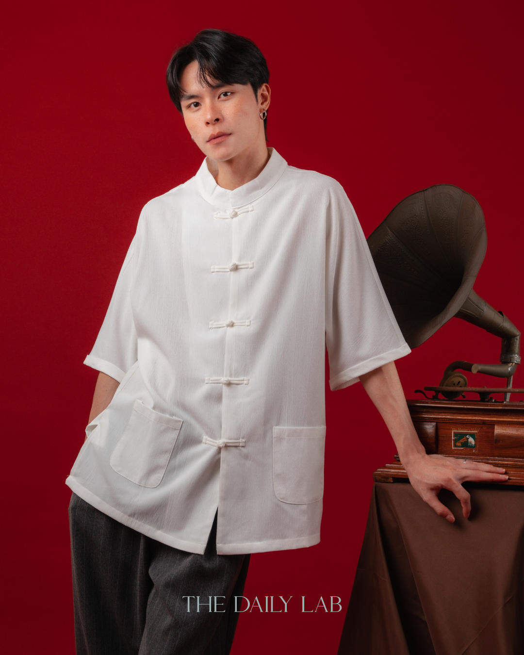 Vintage Mandarin Button Shirt in White