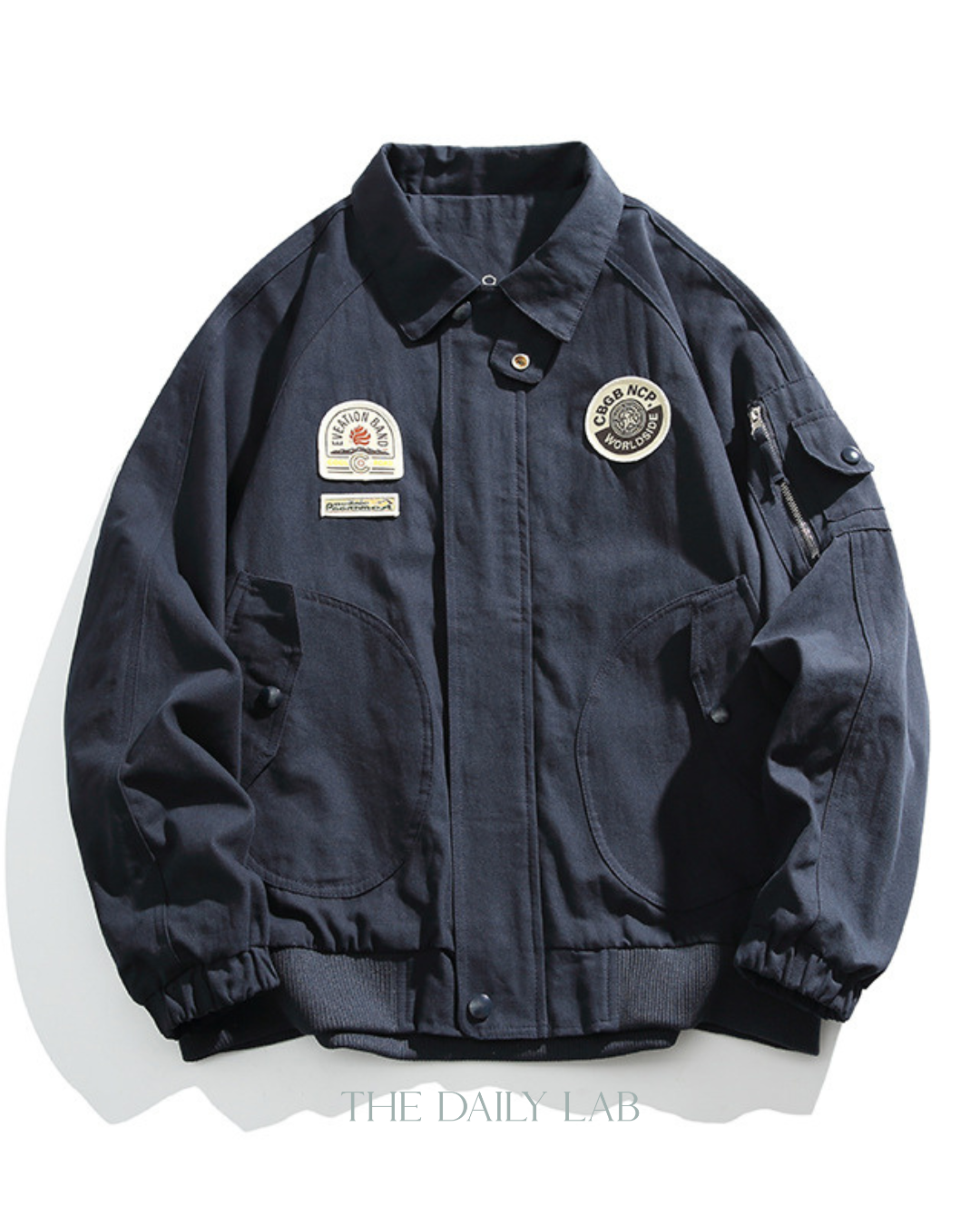 American Retro Badge Collared Bomber Jacket In Navy Blue