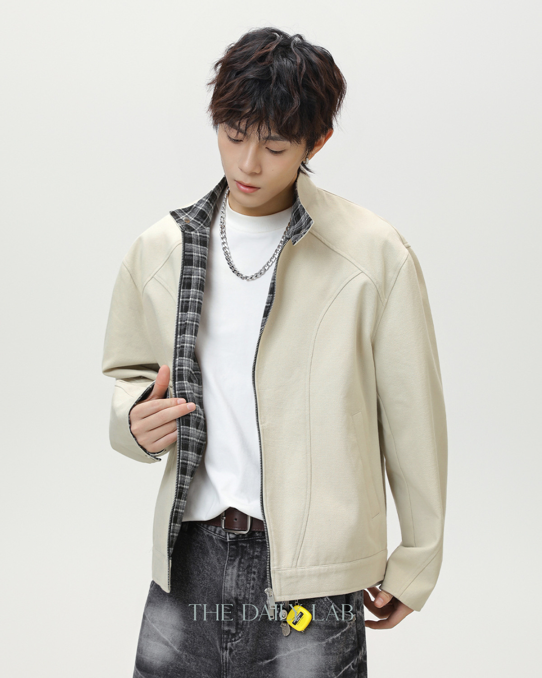 Vintage Checkered Harrington Jacket in White