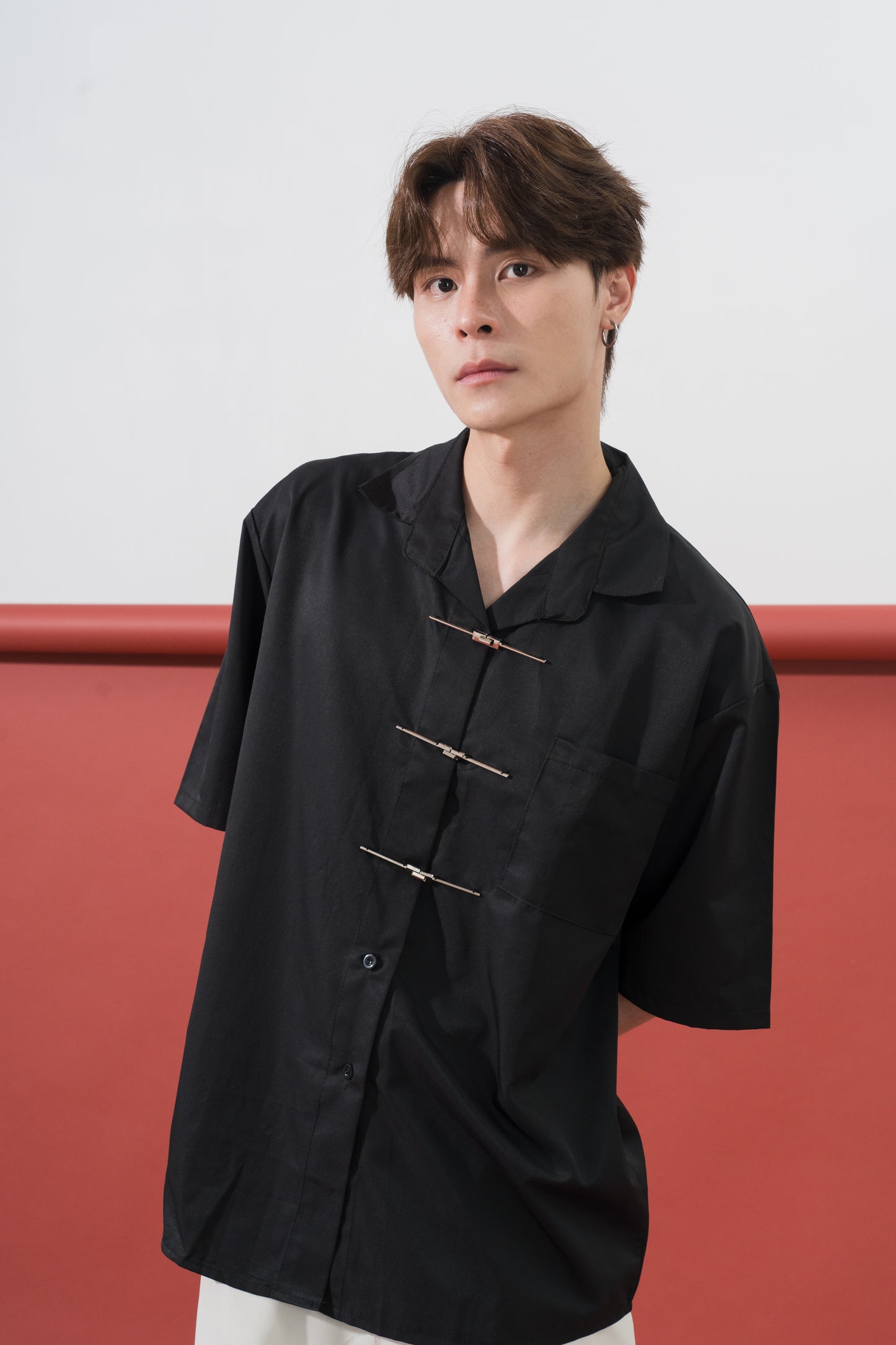 Metal Button Mandarin Oversized Shirt