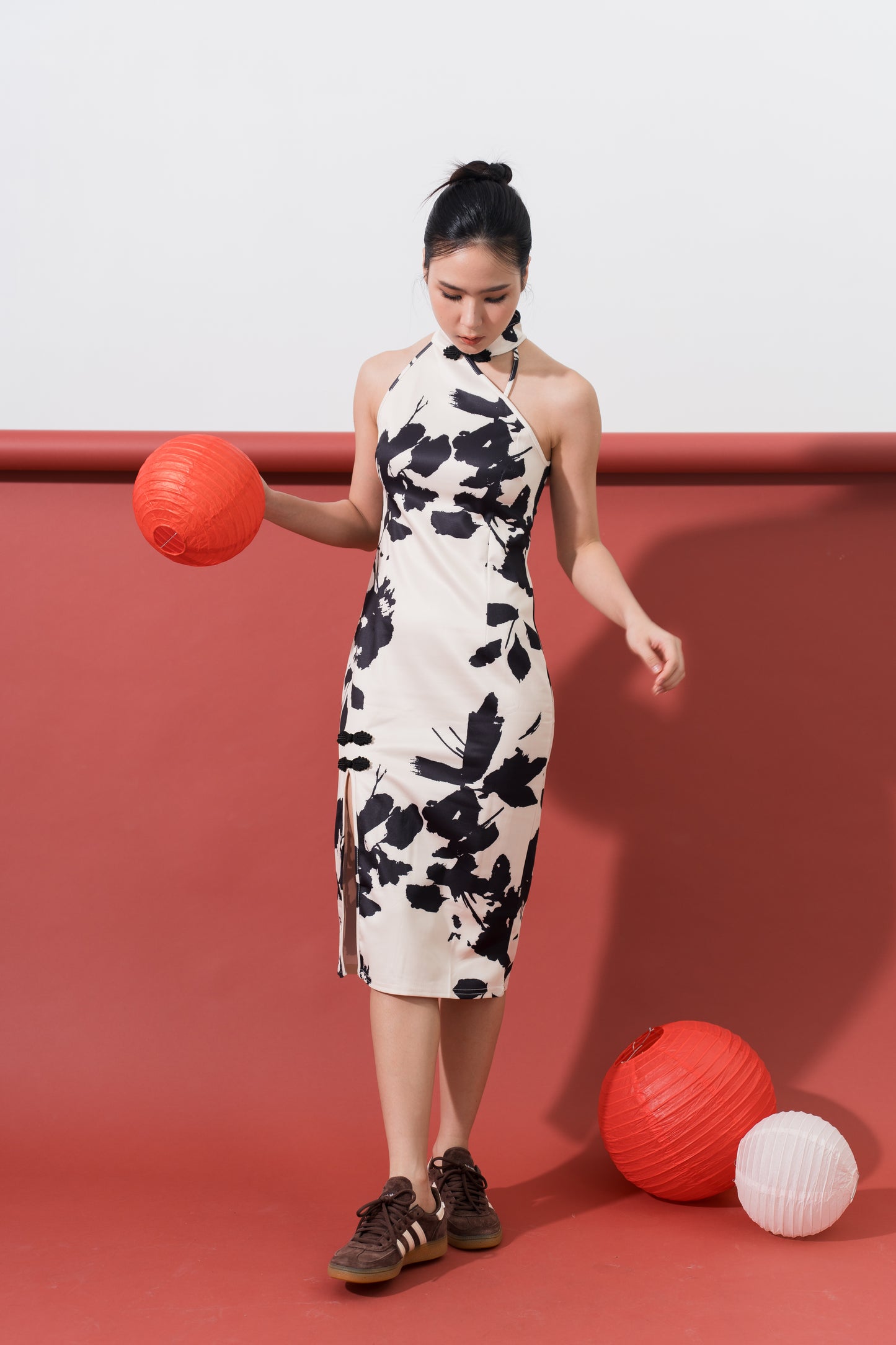 Black Floral Midi Cheongsam