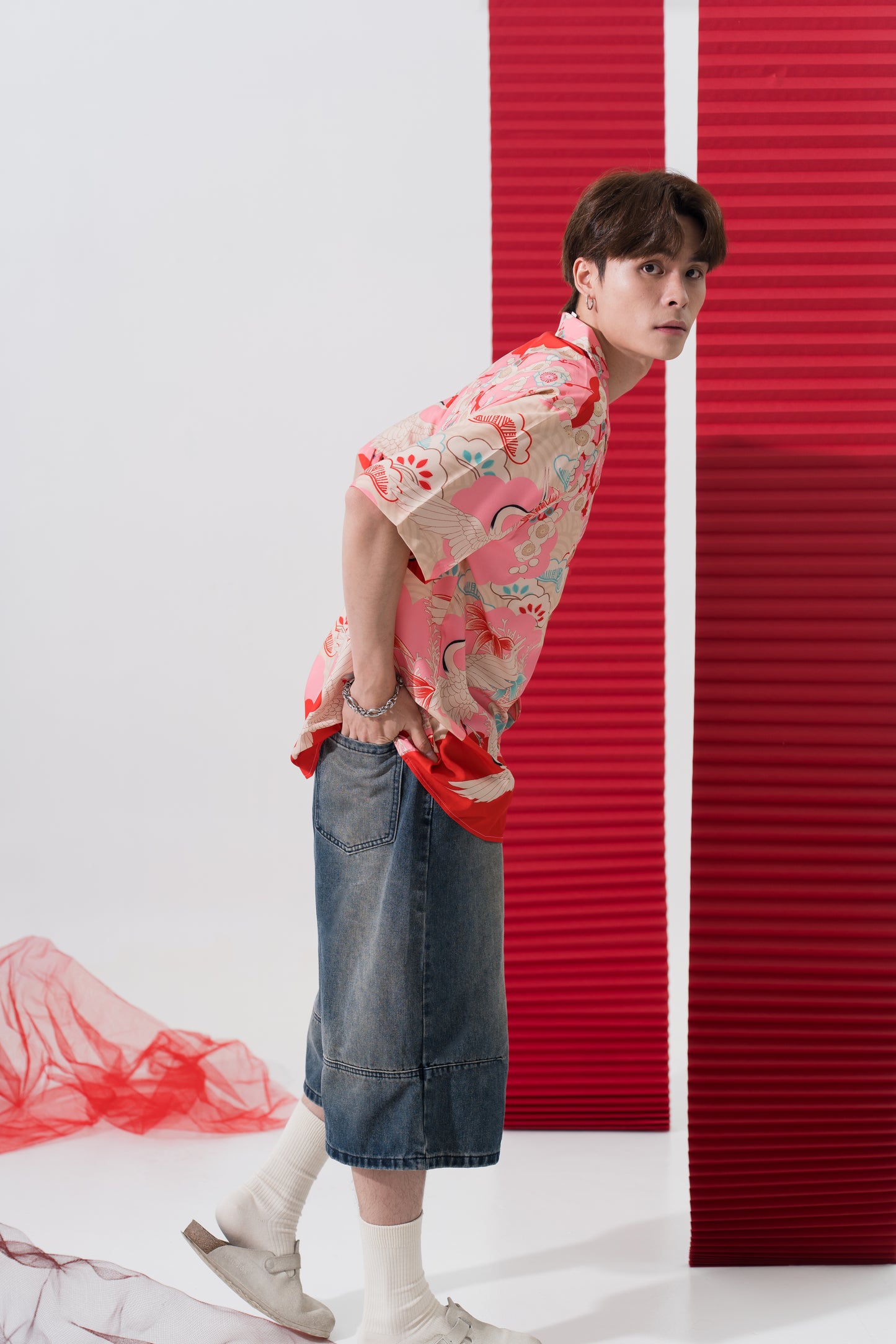 Japanese Crane Print Retro Shirt