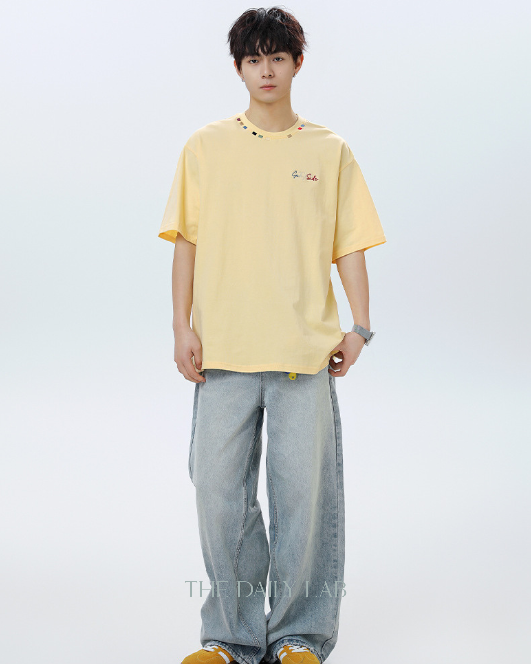 Contrast Collar Embroidered Tee in Yellow