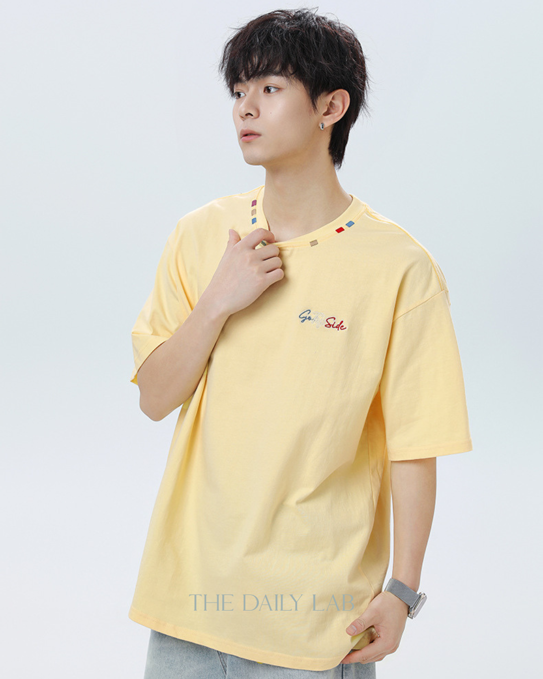 Contrast Collar Embroidered Tee in Yellow