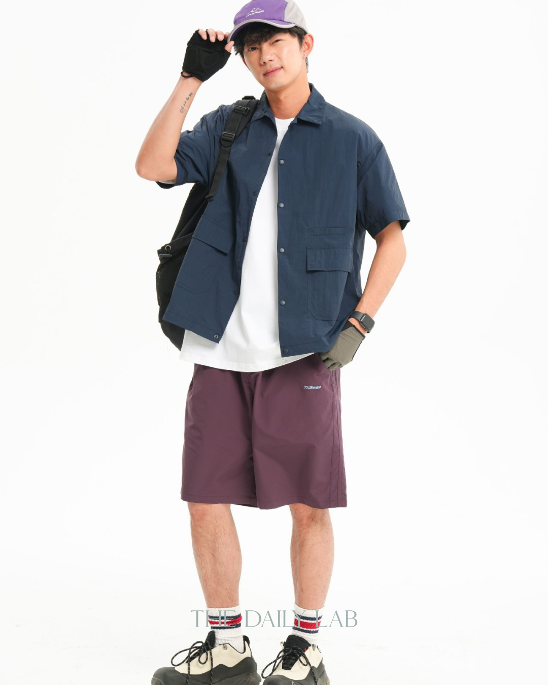 Solid Color Functional Short Sleeve Shirt In Navy Blue