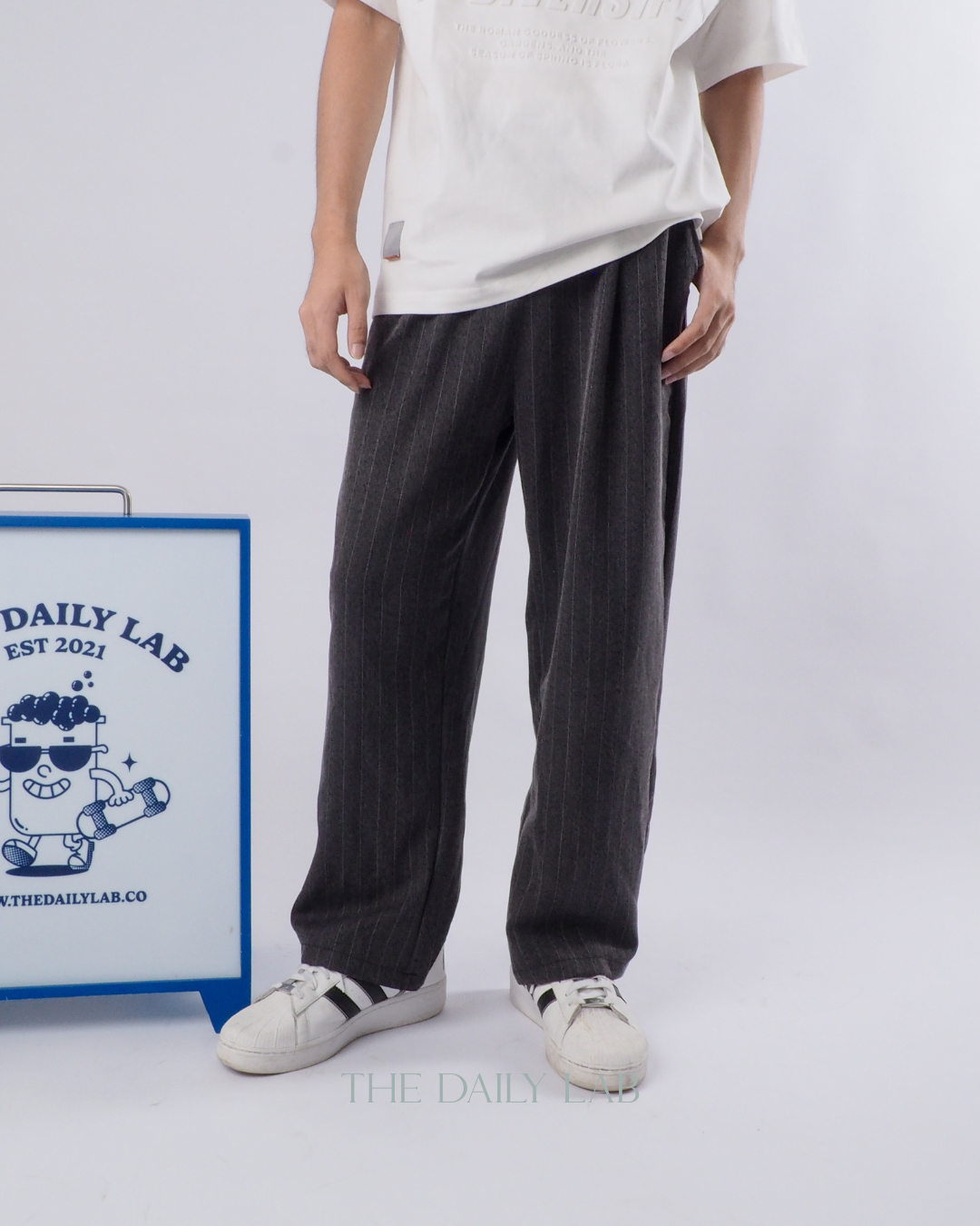 Double Waist Stripe Pants in Dark Grey