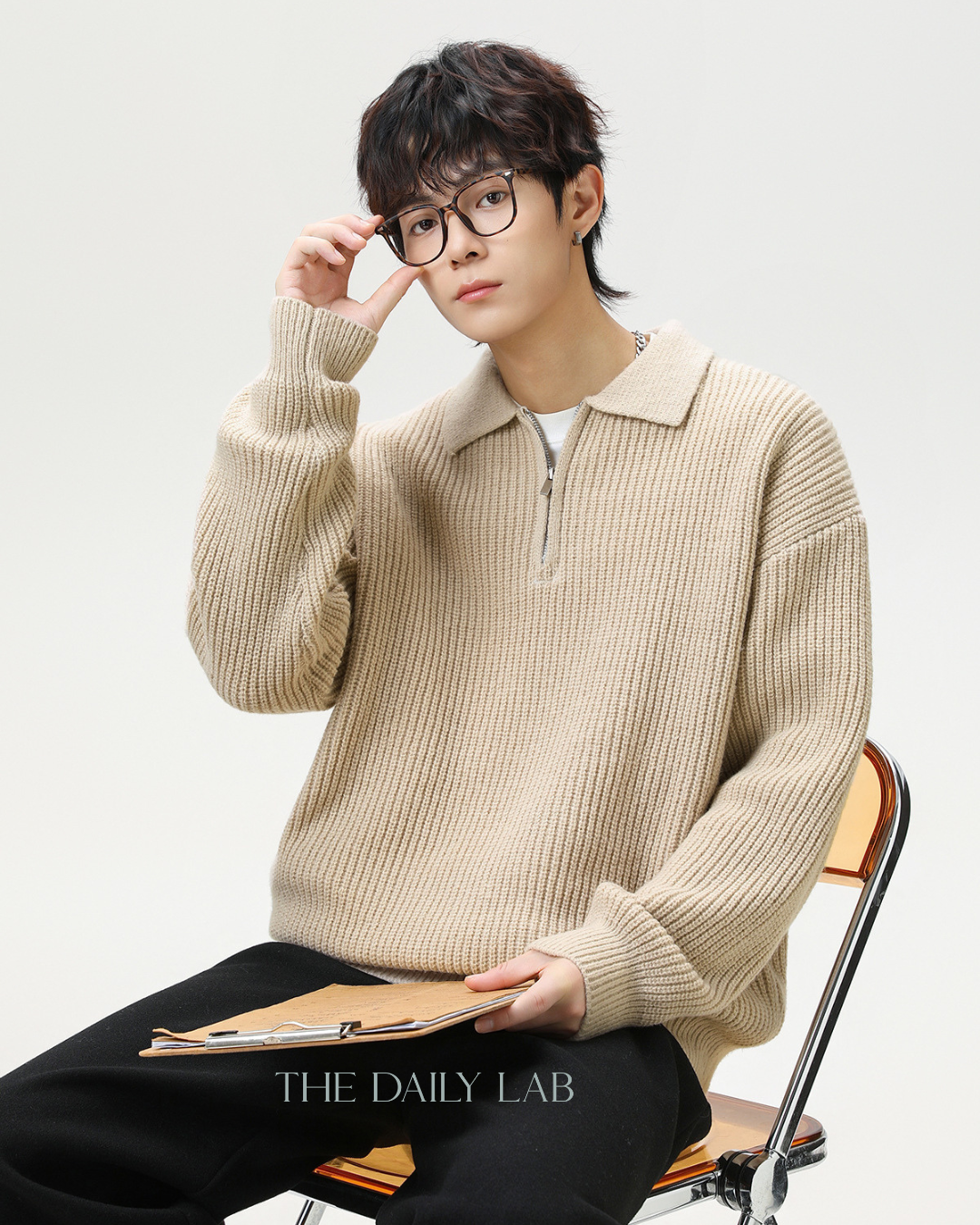 Heavyweight Half-Zip Knit Sweater in Beige