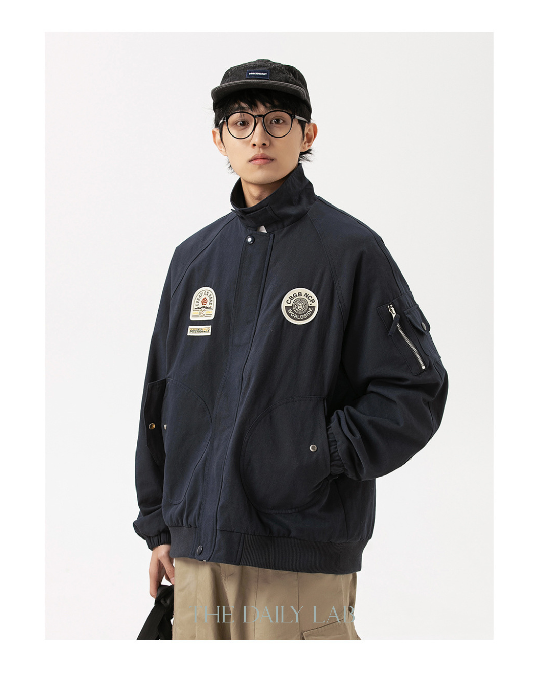 American Retro Badge Collared Bomber Jacket In Navy Blue