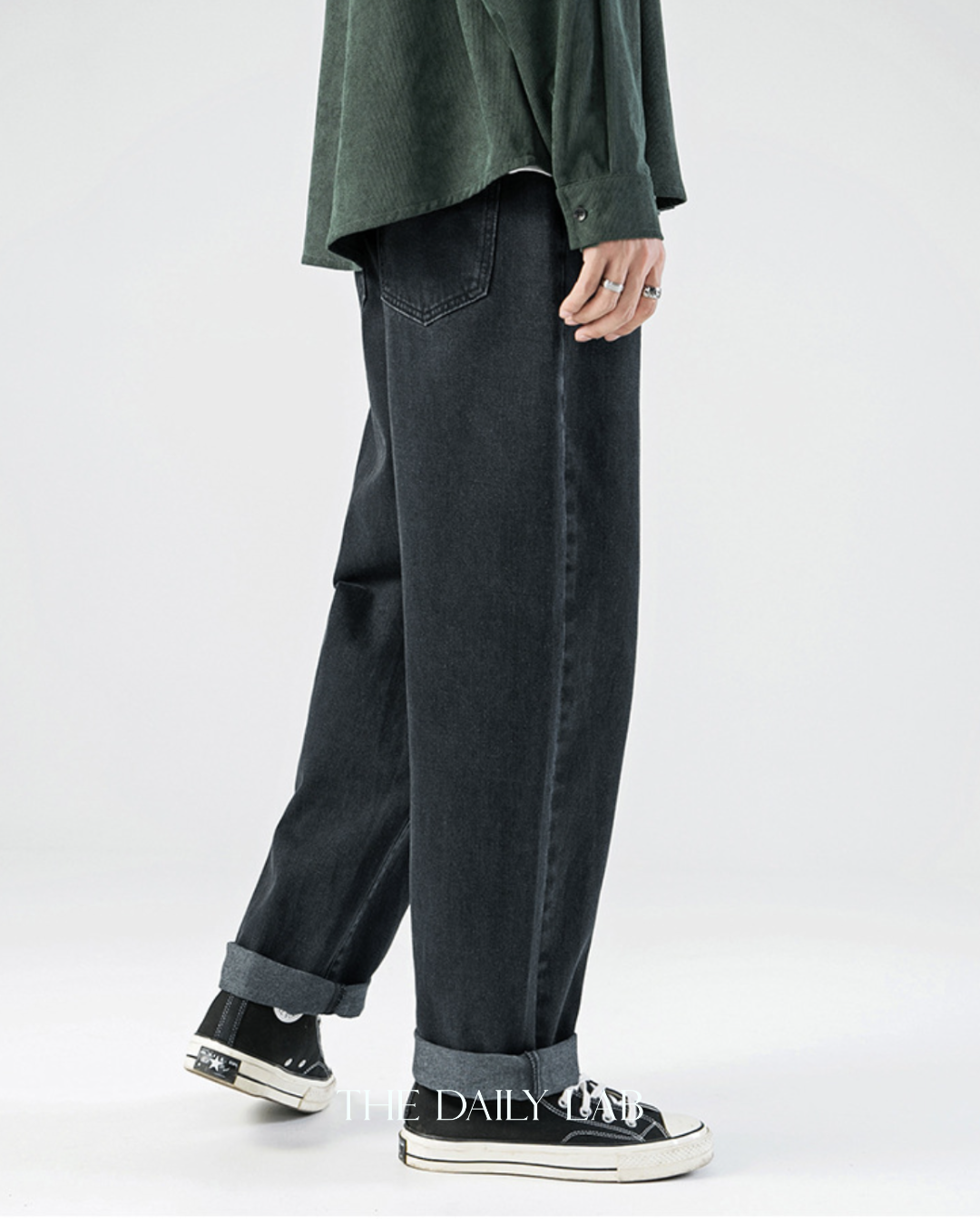 Washed Denim Wide Straight Jeans in Black