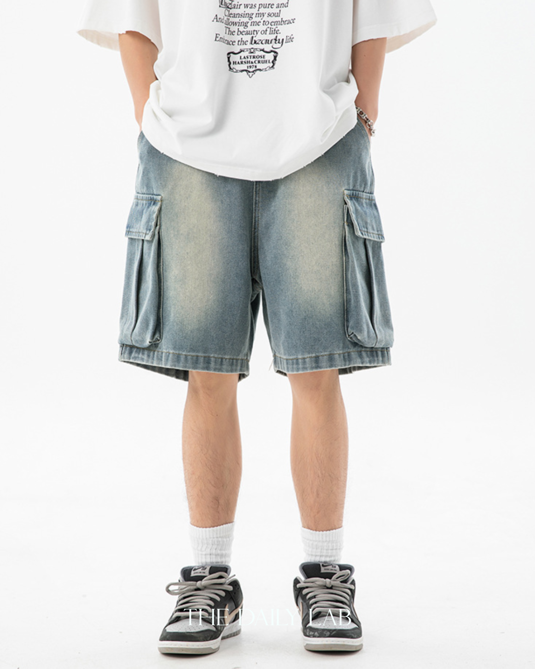 Denim Cargo Pocketed Shorts in Blue