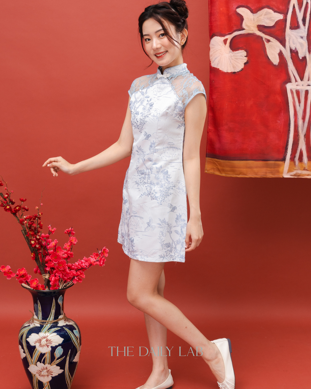 Lace Mandarin Collar Jacquard Dress