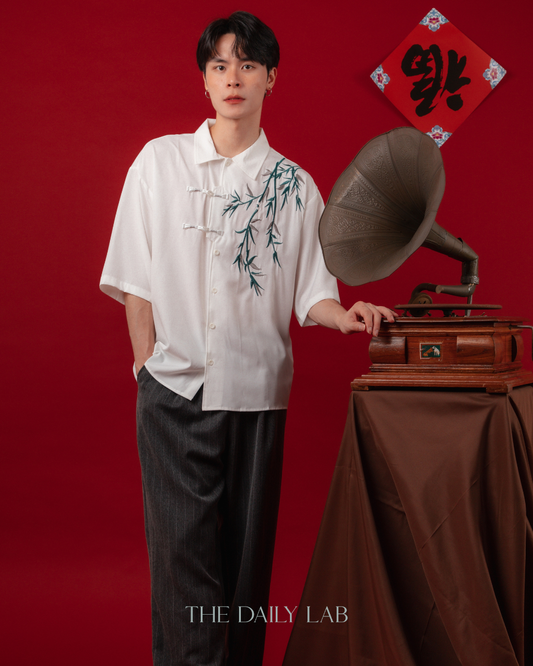 Embroidered Bamboo Chinese Shirt in White (In-Stock)