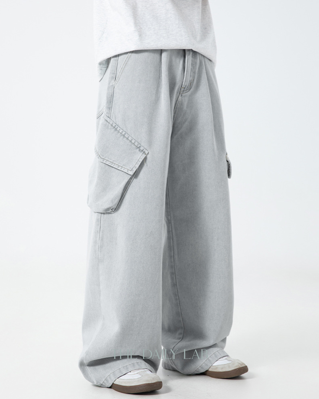 Washed Utility Denim Cargo Pants in Blue