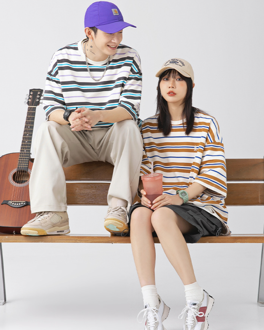 Retro Oversized Striped Line Tee in Brown