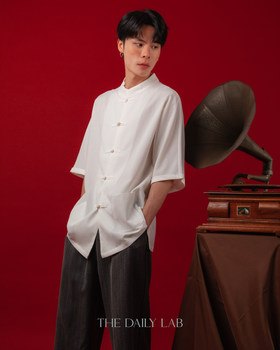 Vintage Mandarin Button Shirt in White