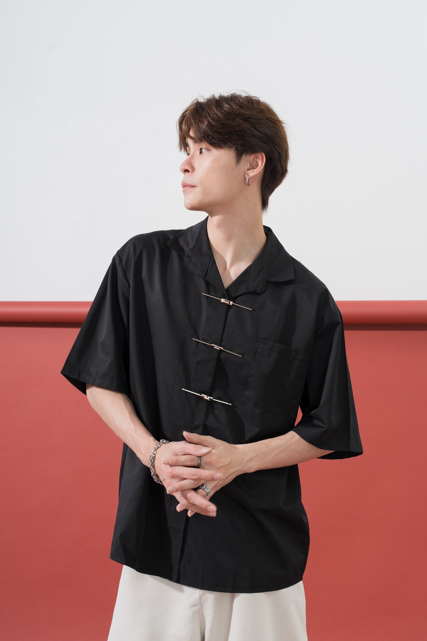 Metal Button Mandarin Oversized Shirt