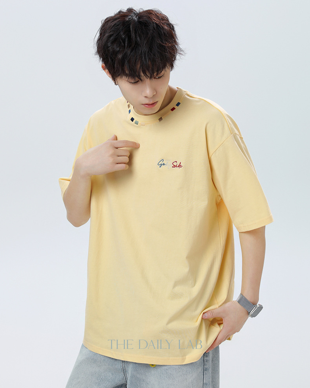 Contrast Collar Embroidered Tee in Yellow