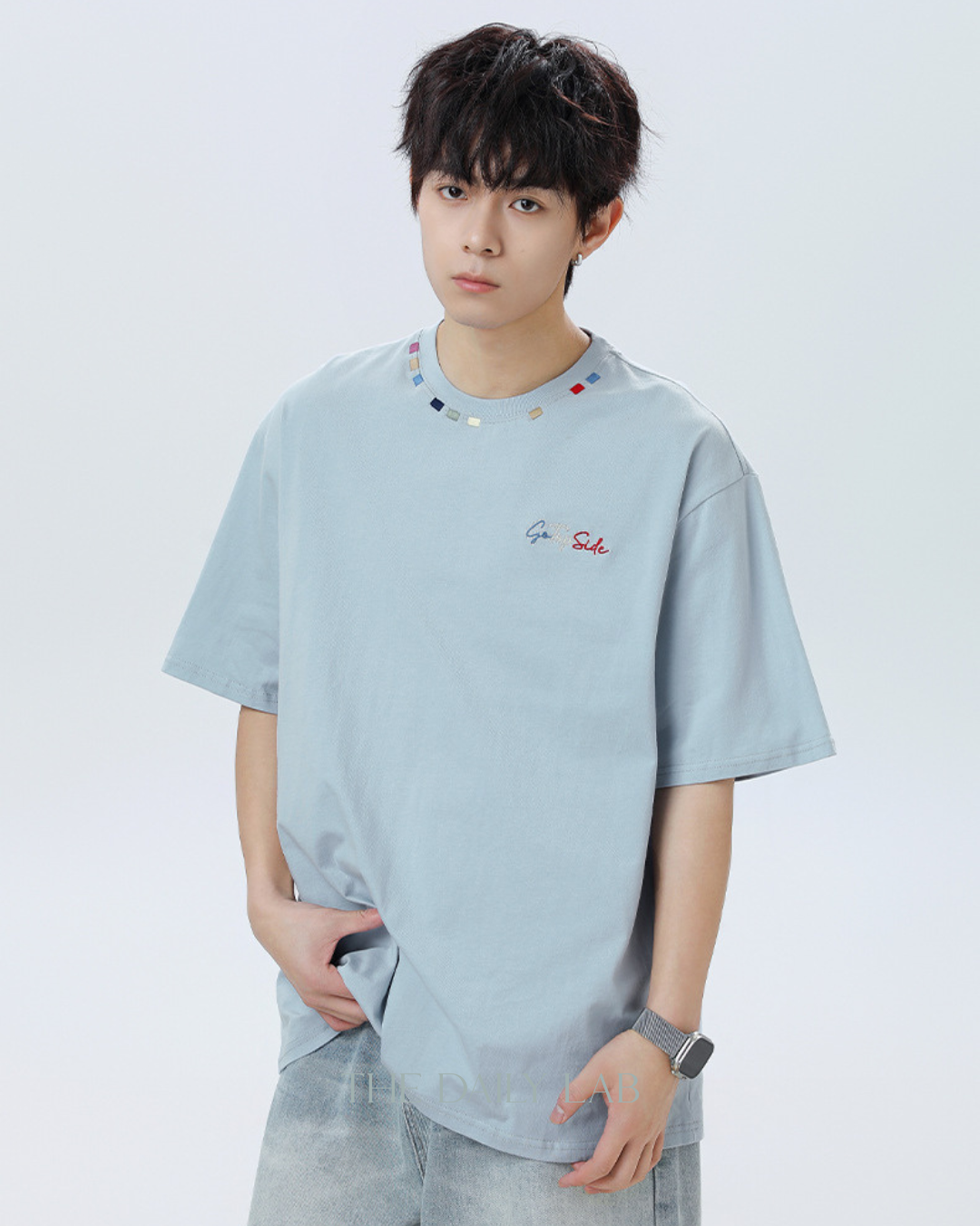 Contrast Collar Embroidered Tee in Blue