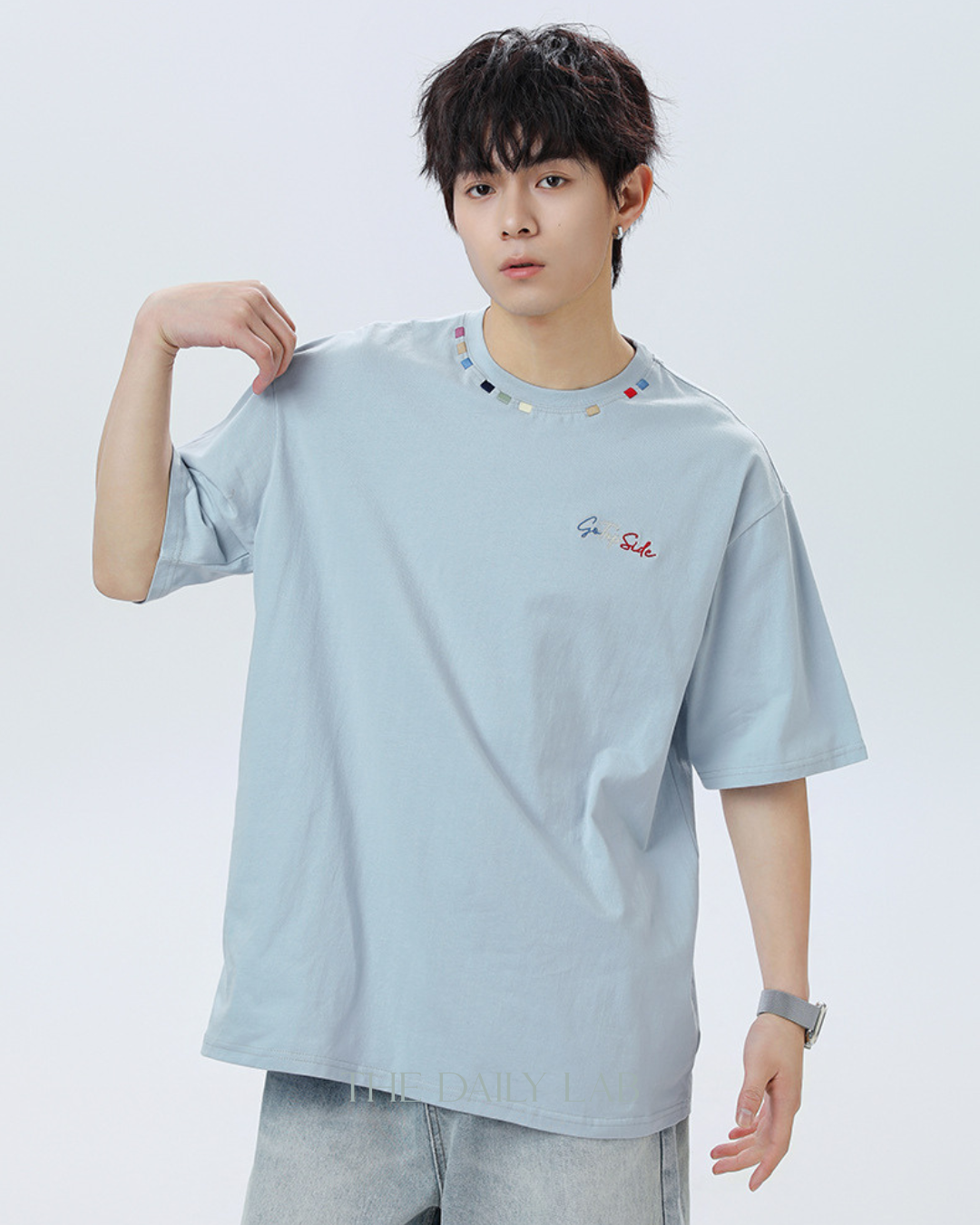 Contrast Collar Embroidered Tee in Blue