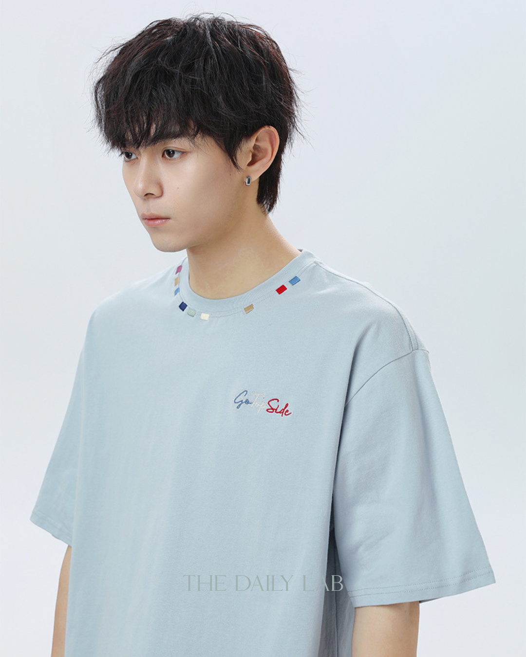 Contrast Collar Embroidered Tee in Blue