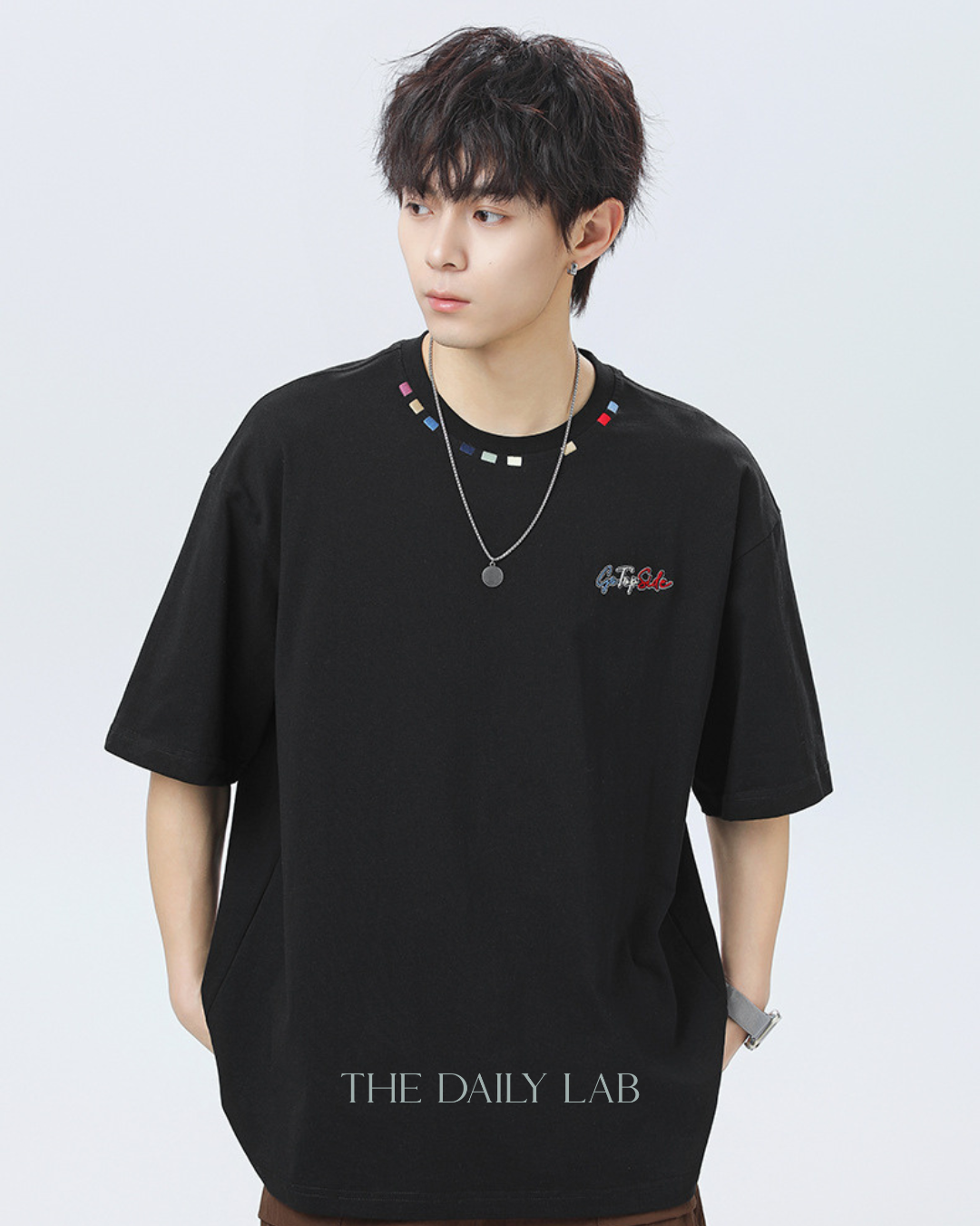 Contrast Collar Embroidered Tee in Black