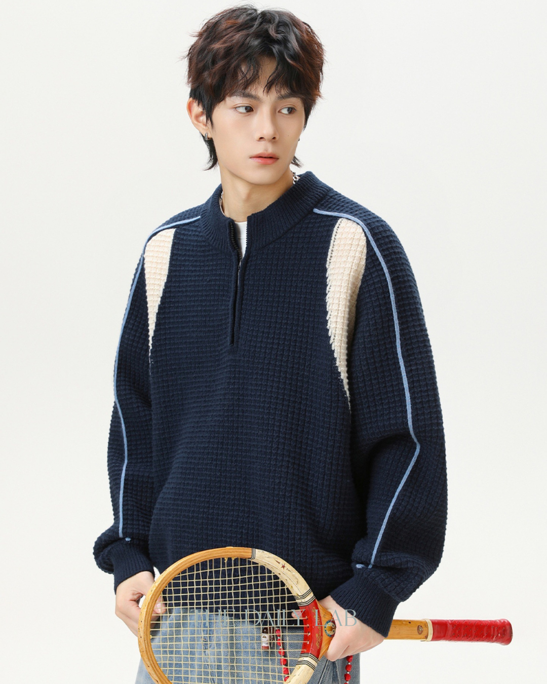 Colorblock Fleece Knit Jacket in Navy Blue