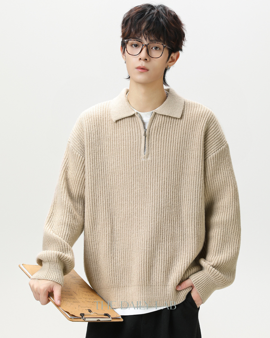 Heavyweight Half-Zip Knit Sweater in Beige