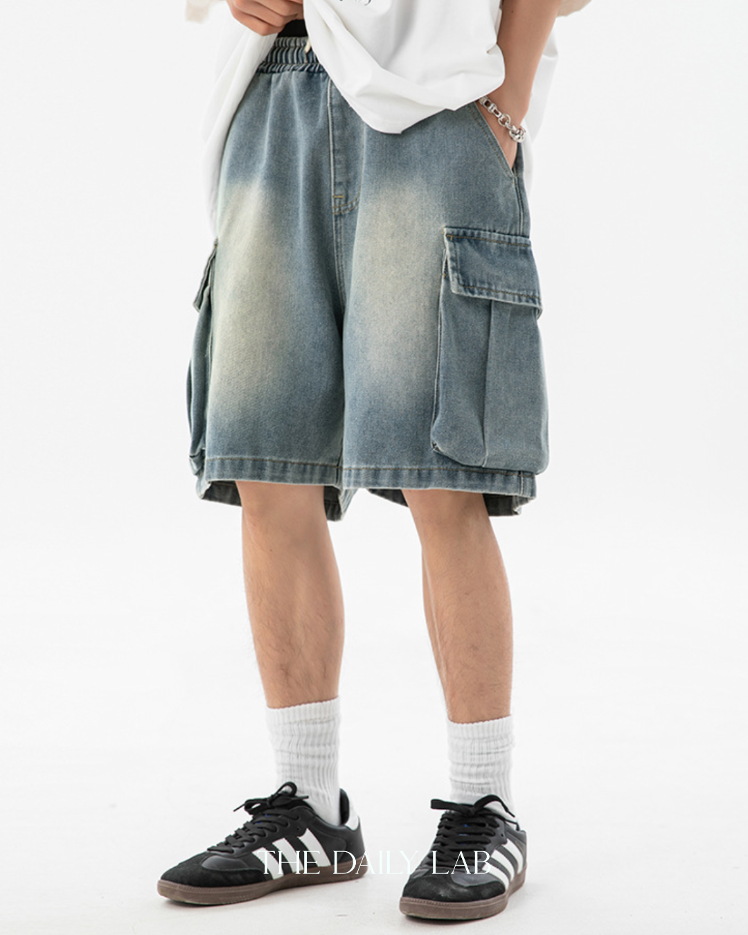 Denim Cargo Pocketed Shorts in Blue