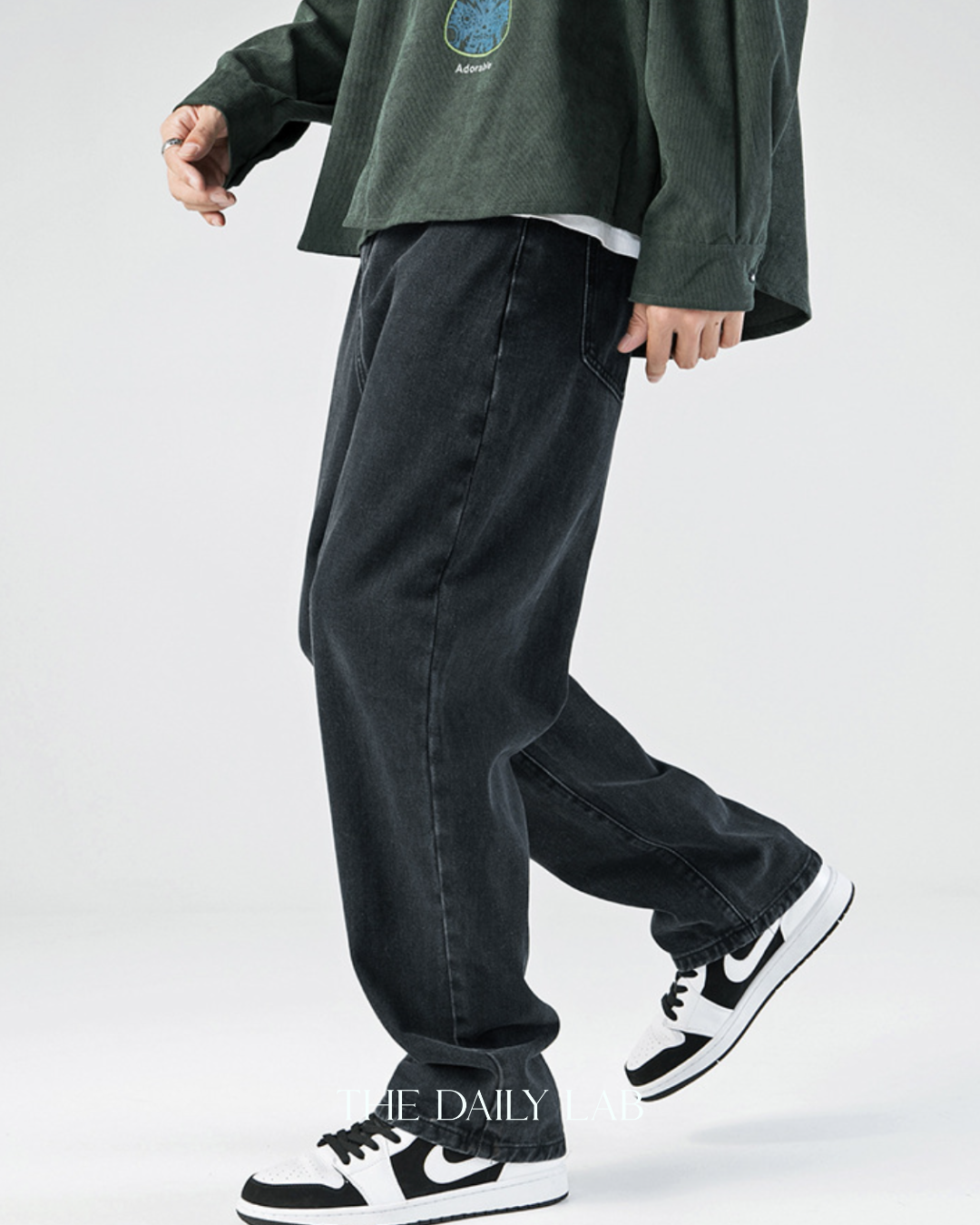 Washed Denim Wide Straight Jeans in Black