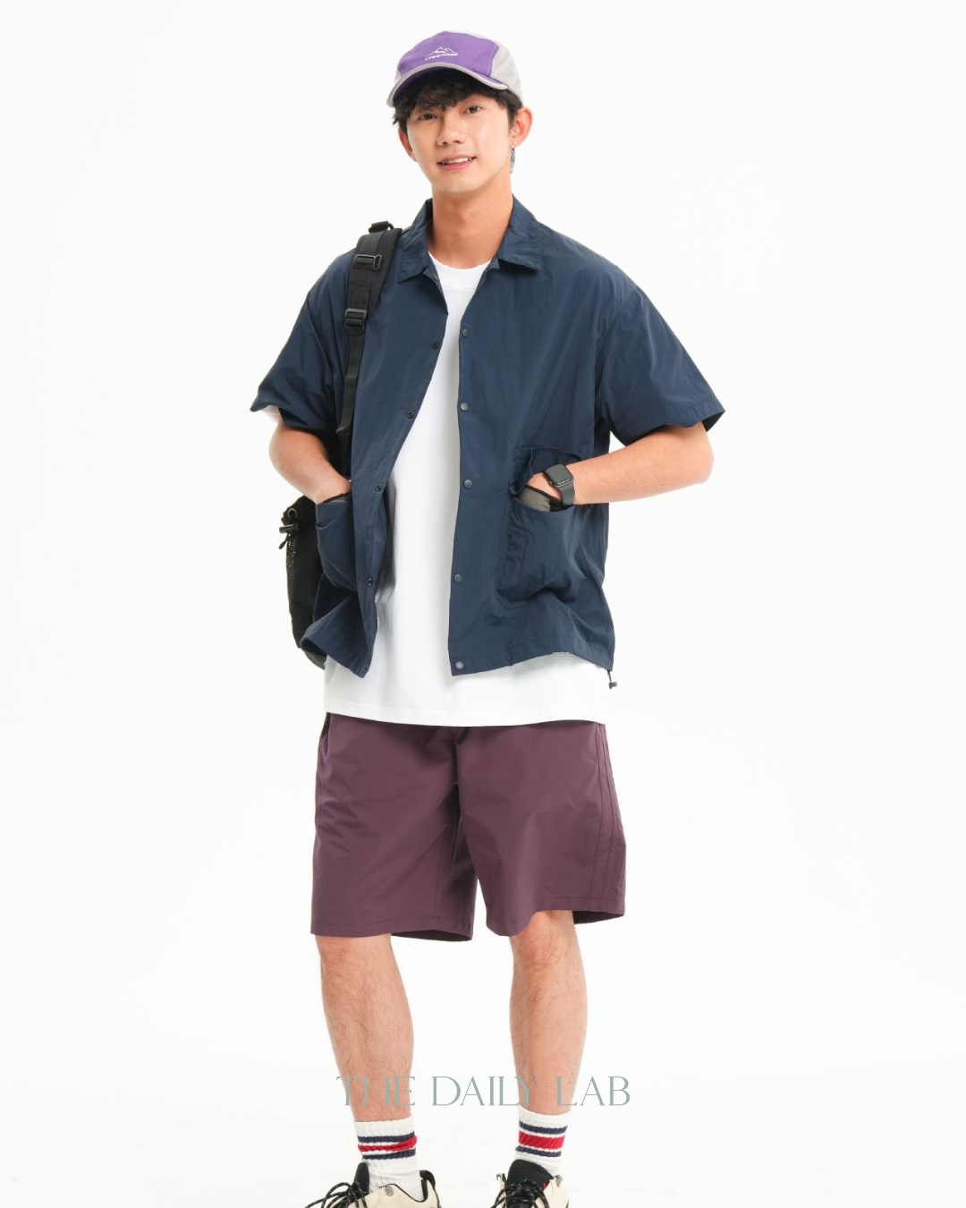 Solid Color Functional Short Sleeve Shirt In Navy Blue