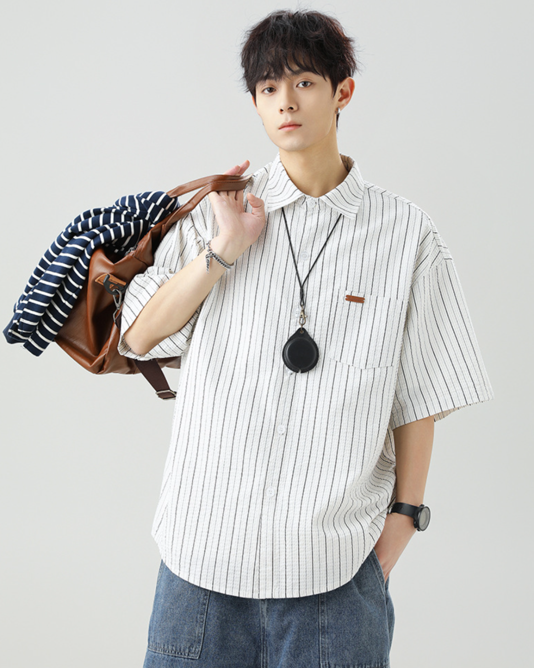 Striped Buttoned Overshirt in White