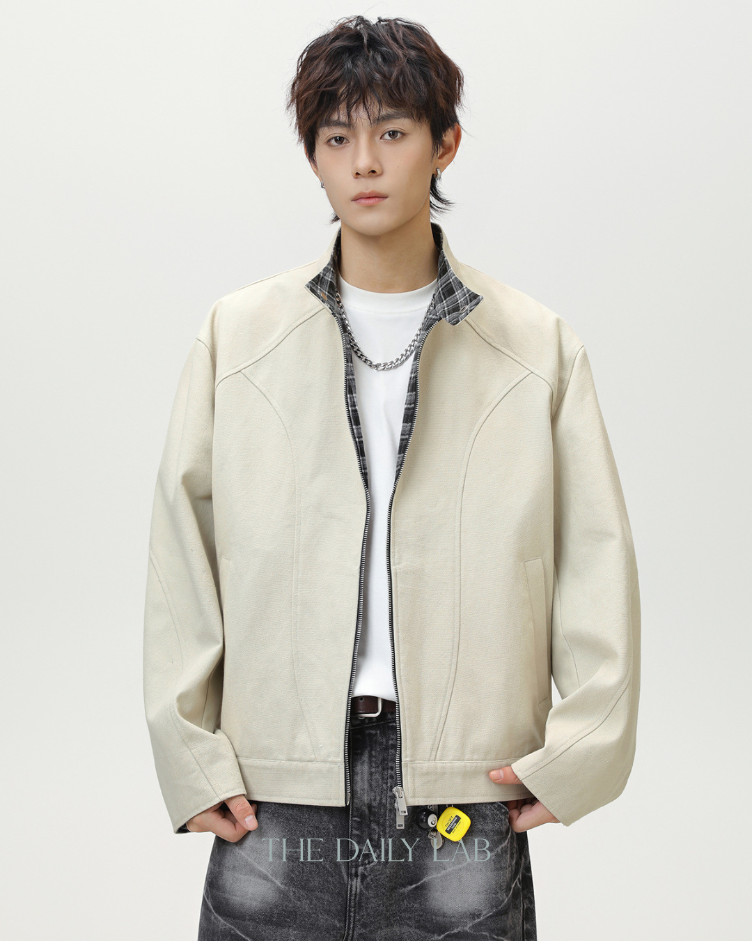 Vintage Checkered Harrington Jacket in White