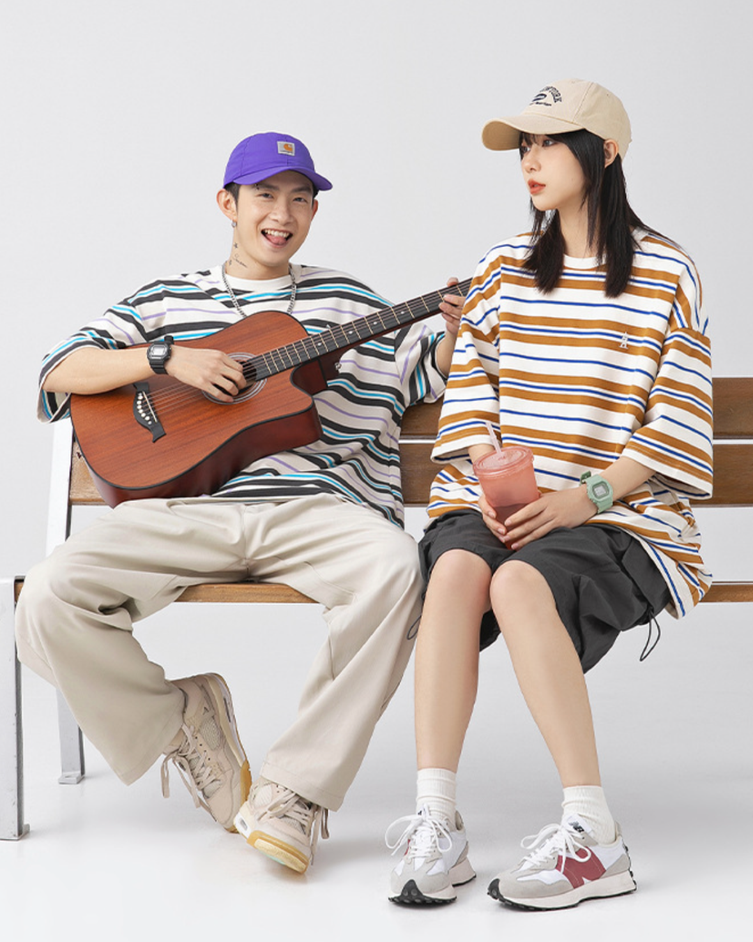 Retro Oversized Striped Line Tee in Brown