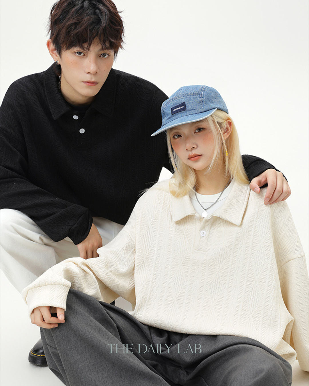 Heavyweight Textured Jacquard Turn-down Collar Sweatshirt In White