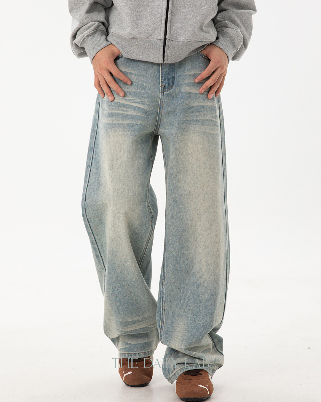 Whisker Washed Distressed Jeans in Blue