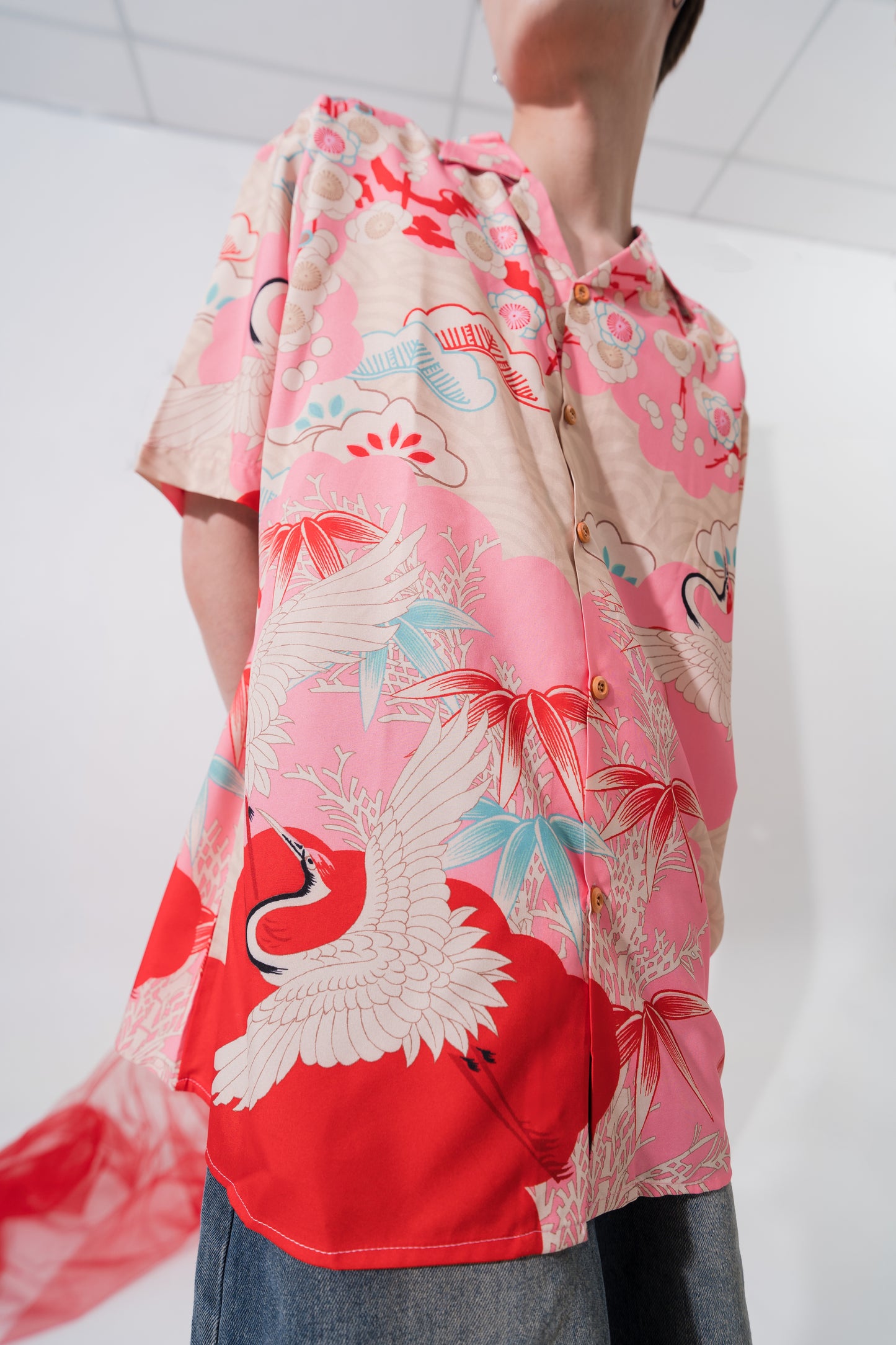 Japanese Crane Print Retro Shirt