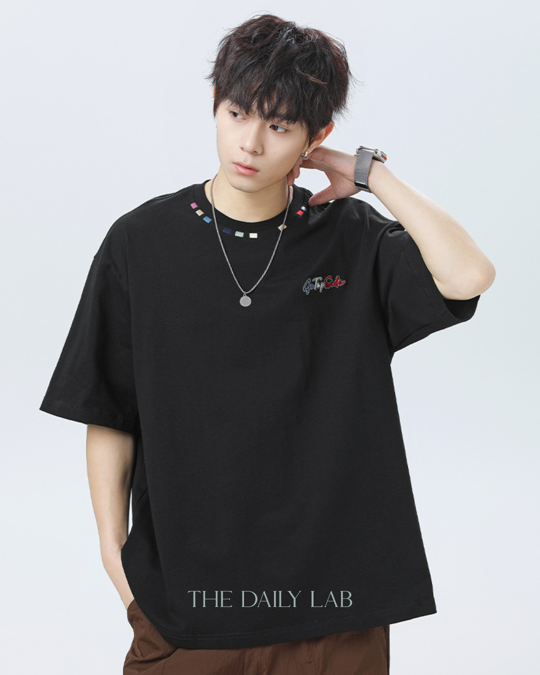 Contrast Collar Embroidered Tee in Black
