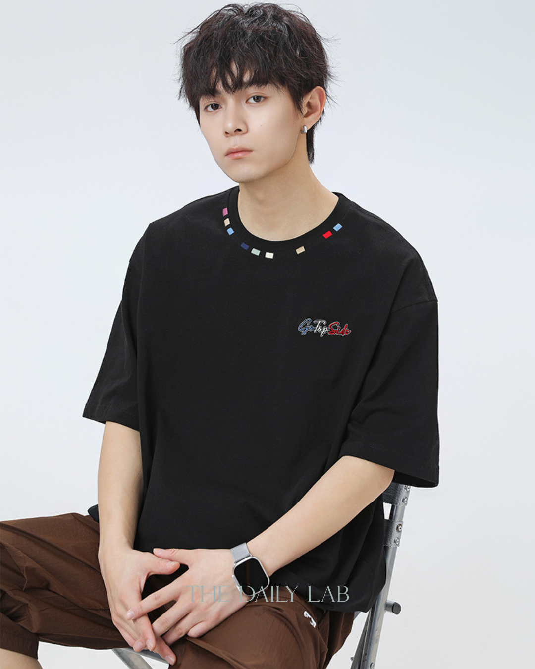 Contrast Collar Embroidered Tee in Black