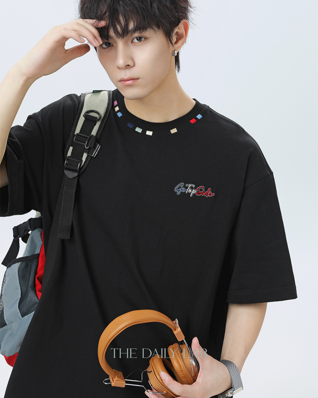 Contrast Collar Embroidered Tee in Black