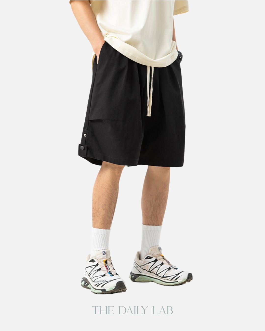 Side Buttoned Cotton Shorts in Black