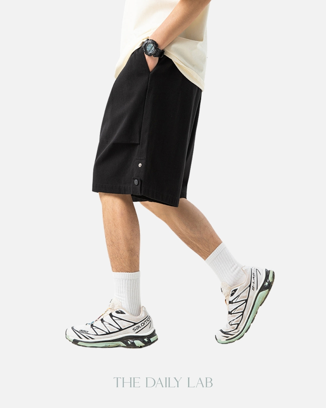 Side Buttoned Cotton Shorts in Black