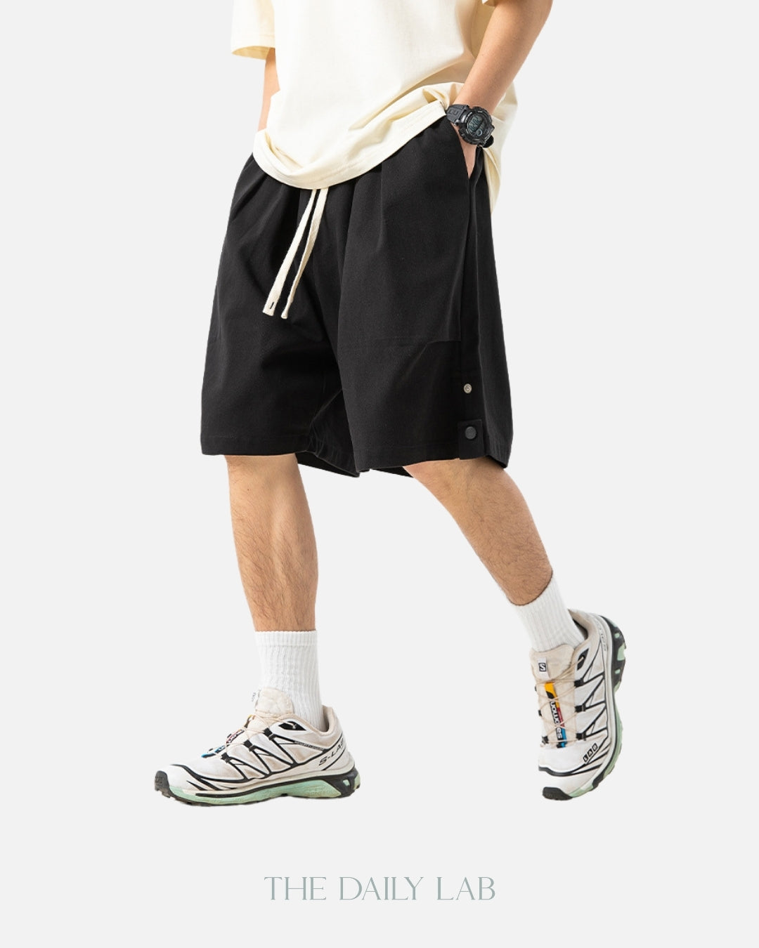 Side Buttoned Cotton Shorts in Black