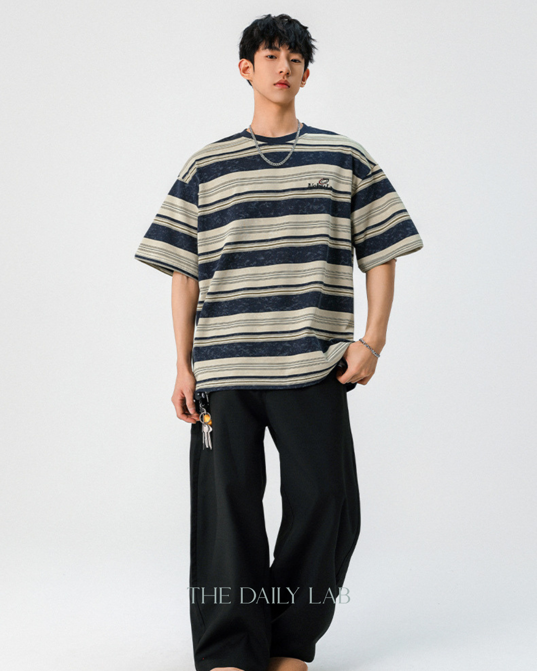 Vintage Tie-Dye Striped Tee in Navy Blue
