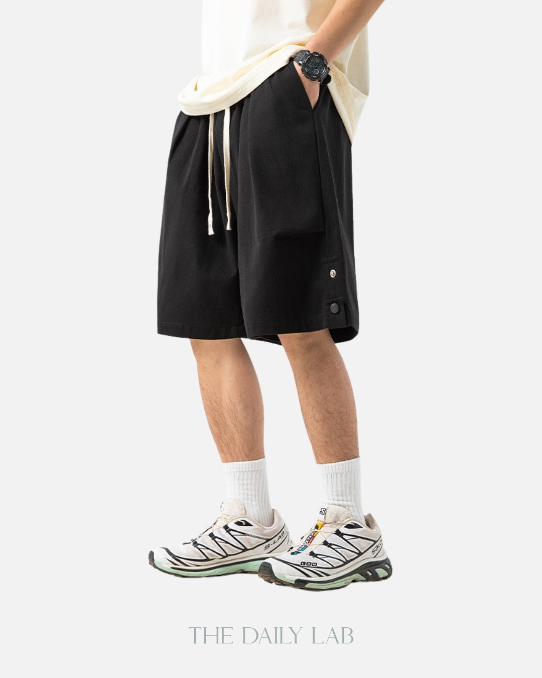 Side Buttoned Cotton Shorts in Black