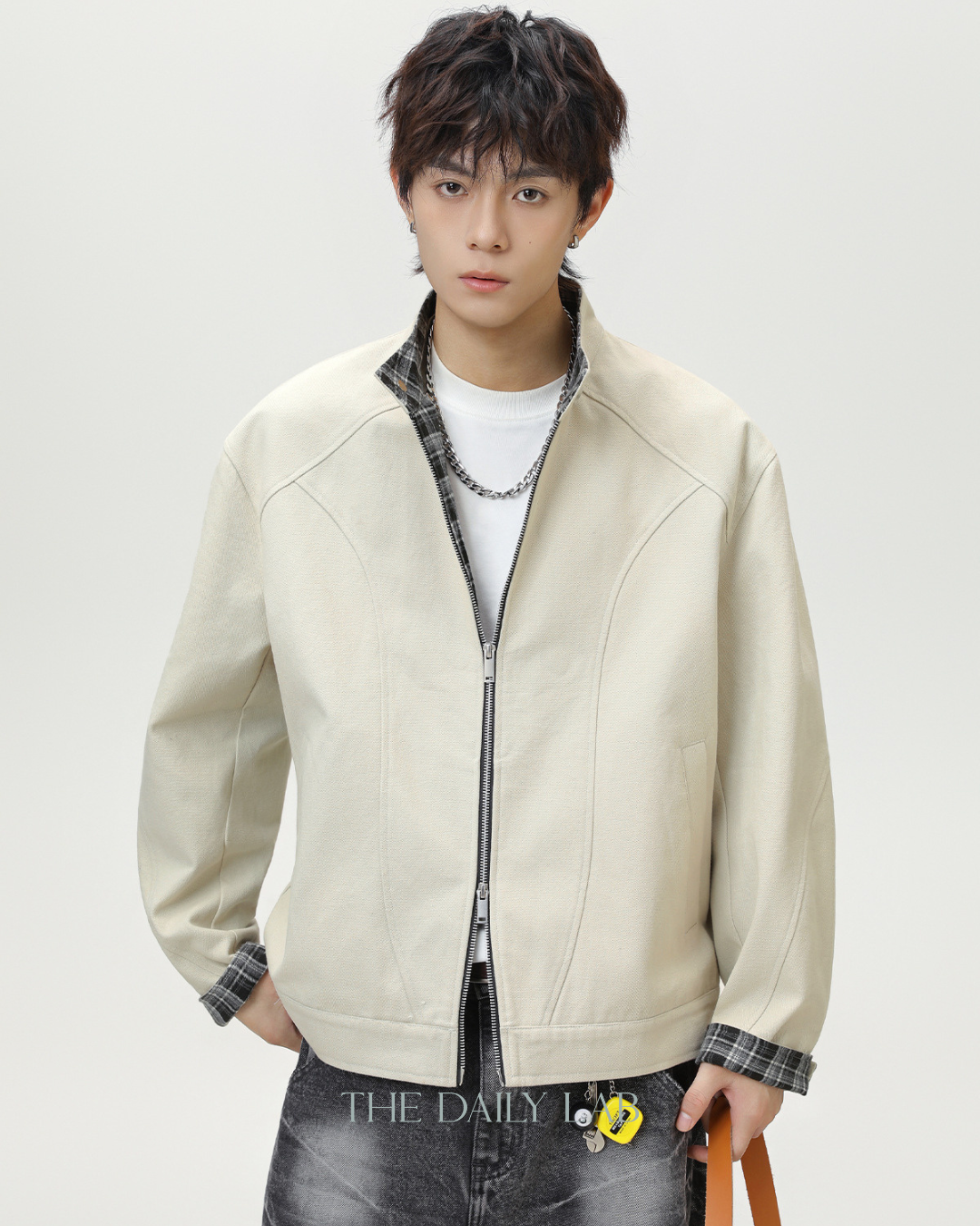 Vintage Checkered Harrington Jacket in White