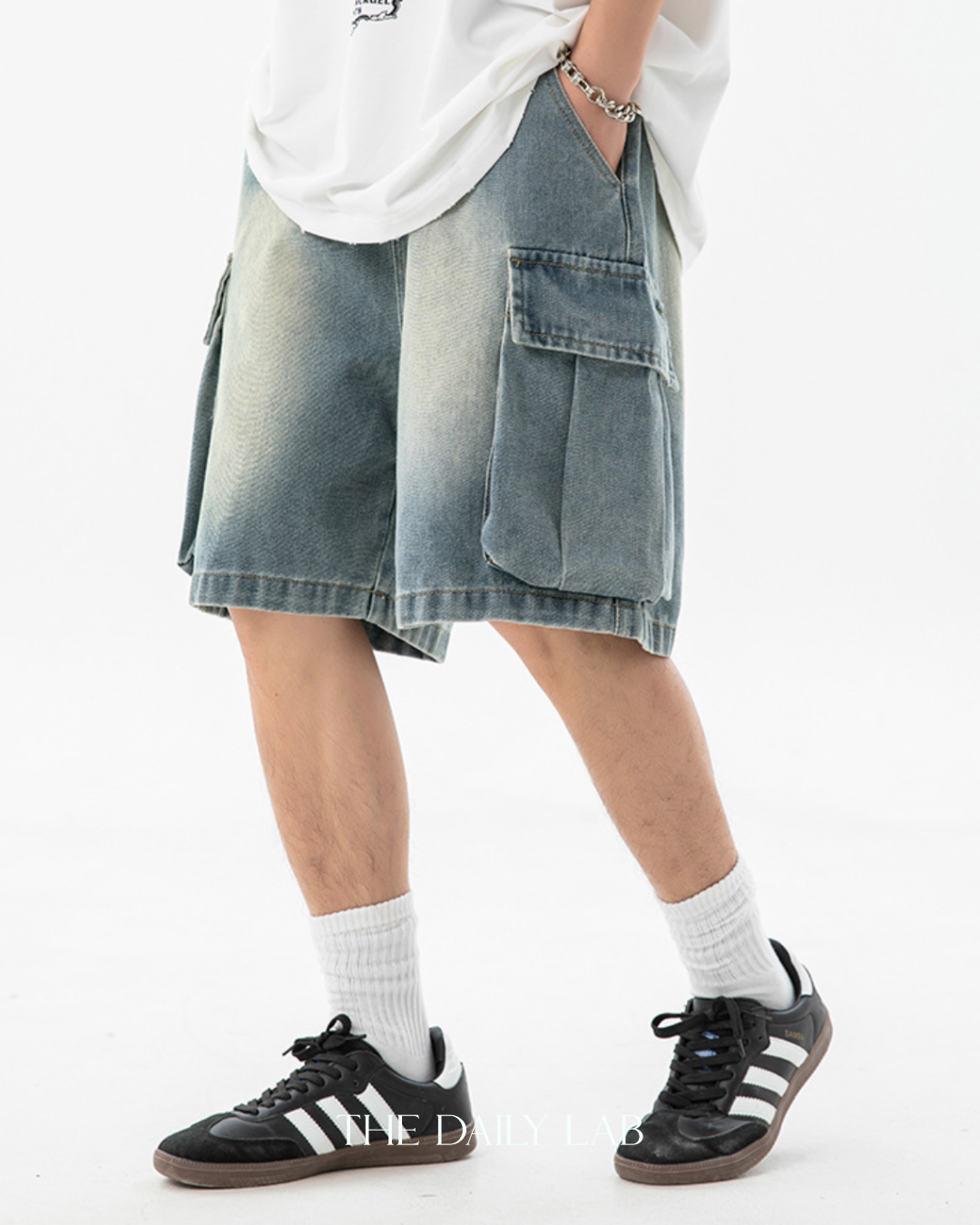 Denim Cargo Pocketed Shorts in Blue