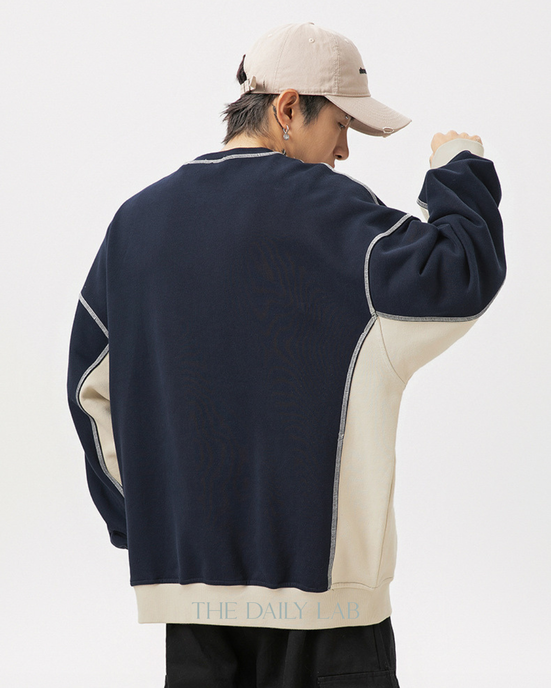 Retro Color Stitch Sweatshirt in Navy Blue
