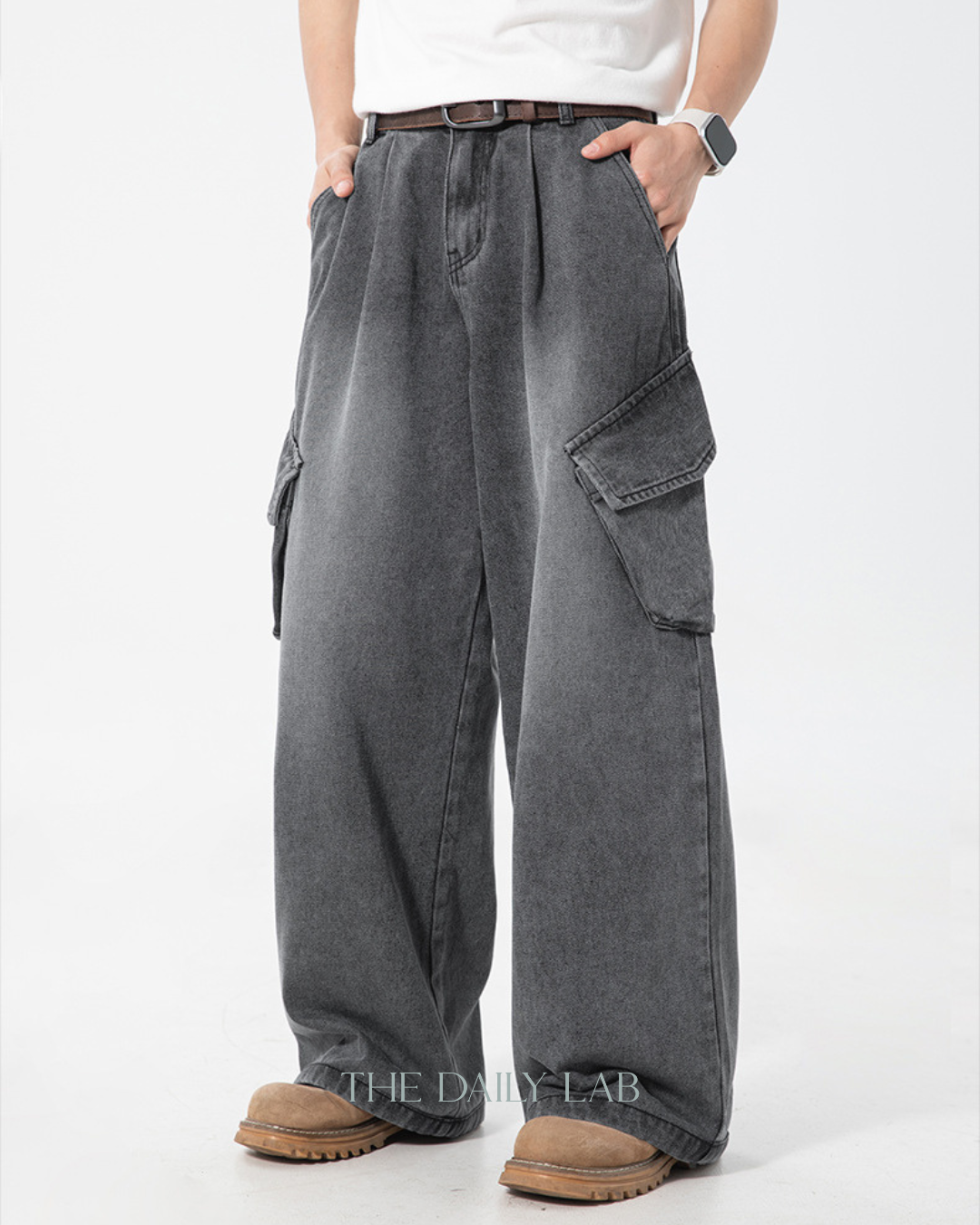 Washed Utility Denim Cargo Pants in Grey